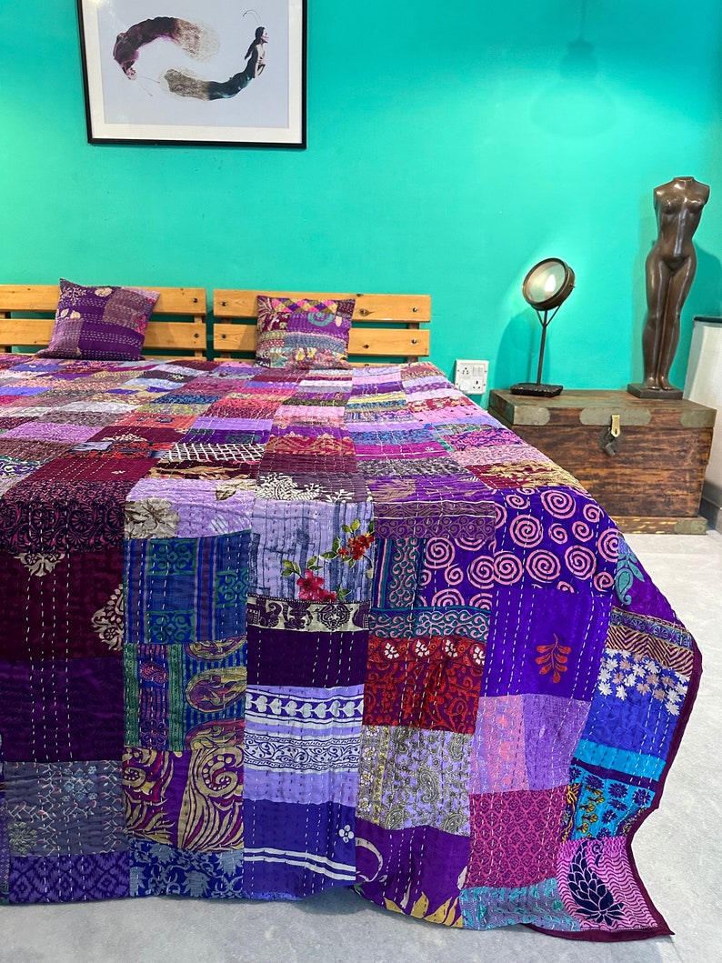 Bohemian Patchwork Quilt Kantha Quilt Handmade Vintage Quilts Boho King Size Bedding Throw Blanket Bedspread Quilting Hippie Quilts For Sale Purple