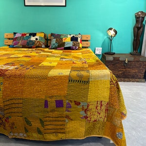 Bohemian Patchwork Quilt Kantha Quilt Handmade Vintage Quilts Boho King Size Bedding Throw Blanket Bedspread Quilting Hippie Quilts For Sale Yellow