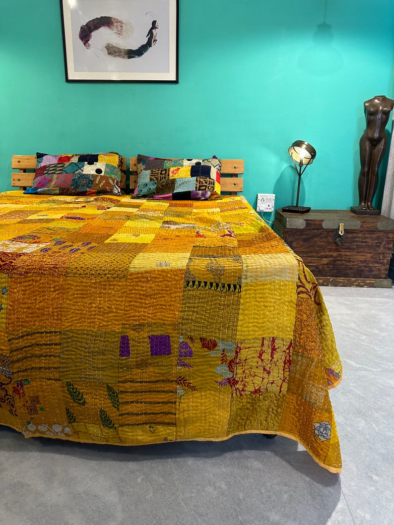 Bohemian Patchwork Quilt Kantha Quilt Handmade Vintage Quilts Boho King Size Bedding Throw Blanket Bedspread Quilting Hippie Quilts For Sale Yellow