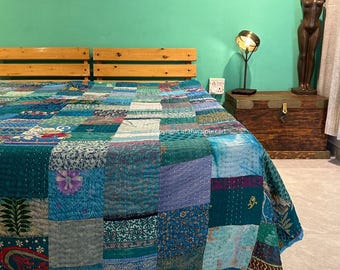 Turquoise Vintage Silk Sari Patchwork Kantha Quilt Handmade Silk Kantha Blanket Queen Size Kantha Bedspread Bedding Kantha Throw