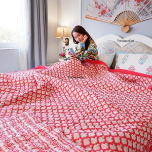 Block Print Cotton Quilt | Reversible Floral Blanket | Soft Summer Quilt |Bedding quilt | White and Red Quilt | All Season Quilt |Bedspread