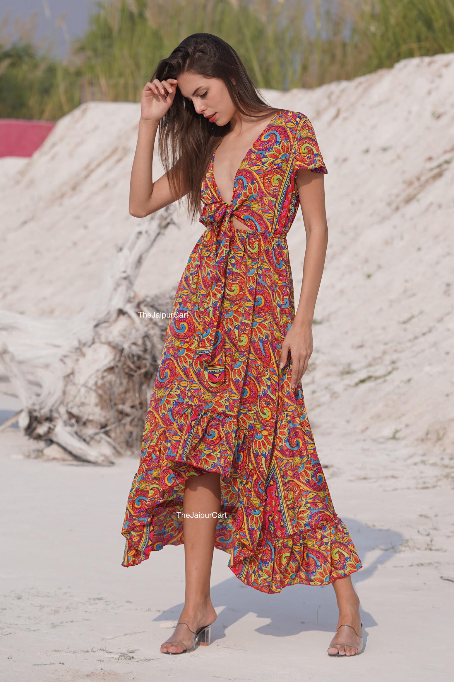 Casual Dresses Mature Summer Dress Drop Waist Orange Venus Clothing Maxi  Dresses Boho Silk Blend Maxi Dress: Indian Print Wrap Flared