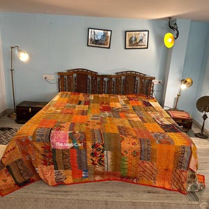 Bohemian Patchwork Quilt Kantha Quilt Handmade Vintage Quilts Boho Twin Size Bedding Throw Blanket Bedspread Quilted Hippie 90X60 Inch