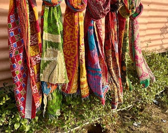 Lot of 5 Pc Cotton Boho Scarf Bohemian Scarf Vintage Kantha Scarf Hand Stitched reversible Cotton scarf/wrap Scarves (Assorted Colors)
