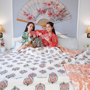 Winter Warm Razai Quilt, Bedspread Quilt Ethnic Hand Block Print Coverlet Quilt Blanket100% Cotton Light Weight Winter Reversible Razai