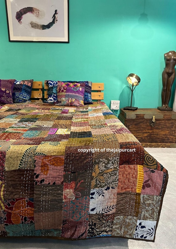 Bohemian Patchwork Kantha Quilt: Handmade Vintage Bedspread
