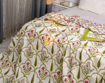 Kantha Stitch Pure Cotton Reversible Bed/Sofa Throw King Size | Handmade HandPrinted Floral Dohar | Pastel White Red Green French Stripe