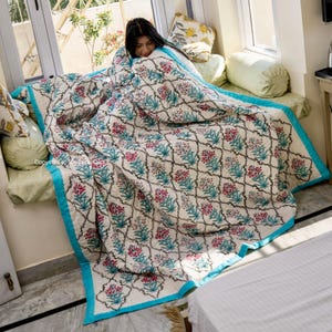 Hand Block Printed Cotton Quilt | Reversible Floral Blanket | Soft Summer Quilt |Jaipuri Bedspread Cozy Indian Comforter | All Season Quilt