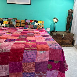 Bohemian Patchwork Quilt Kantha Quilt Handmade Vintage Quilts Boho King Size Bedding Throw Blanket Bedspread Quilting Hippie Quilts For Sale Pink