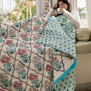 Shopgulaal gulaal Indian Jaipuri Block Print Quilt Printed Reversible Razai Cotton Handmade Floral Quilt, Jaipuri razai, Bedspread Comforter