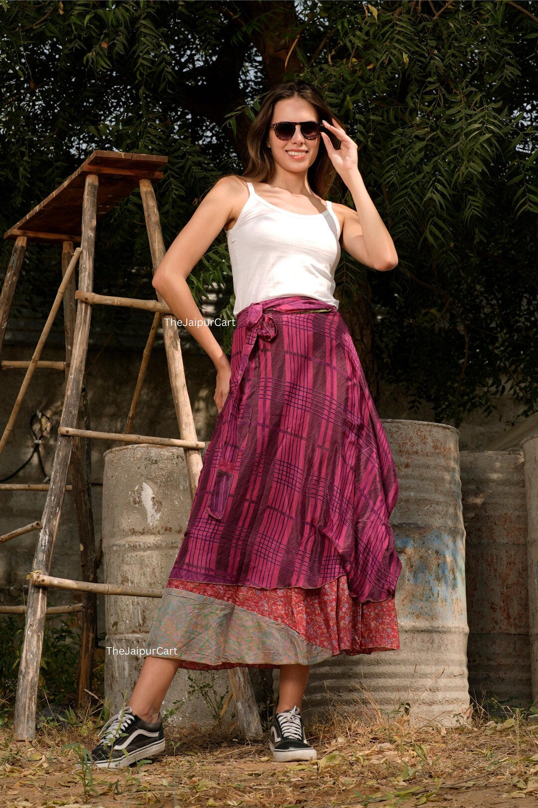 Regular Up-Cycled Sari Elastic Band Tiered Skirt #164