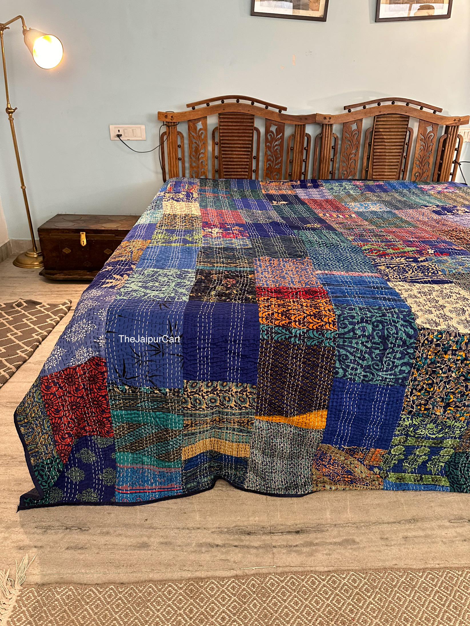 Couvre-lit Indien Kantha En Coton - Motif Fruits - Taille Queen (228x274 Cm) - Violet - Fait Main