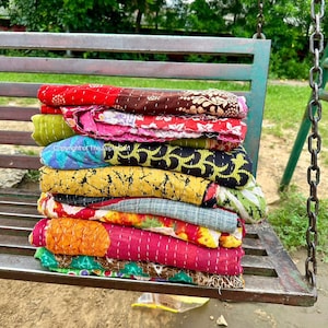 Indian Quilt Handmade Throw Reversible Blanket Bedspread Cotton Fabric Twin size Quilts for sale