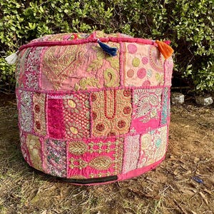 Pouf Ottoman Cover,Modern Embroidered Pouf Cover,Boho Ottoman Décor,Handmade pouf stool, large and round floor Pillow, Meditation cushion