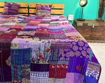 Bohemian Patchwork Kantha Quilt: Handmade Vintage Bedding