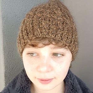 Brown Cable Knit Beanie, Handmade Alpaca and Merino Wool Hat with Gold Sequin Detail