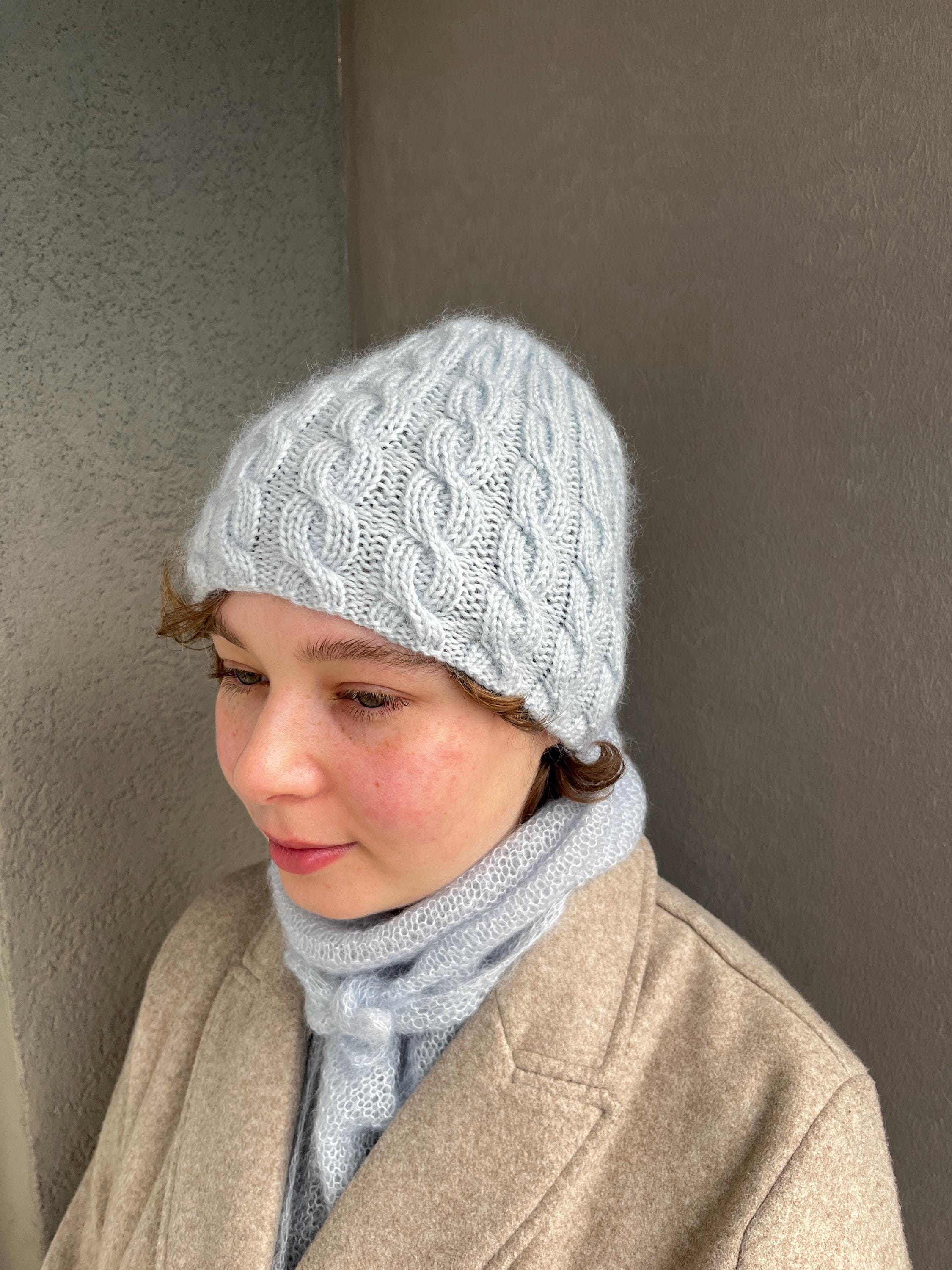 Hand made 100% mohair cable hat Chunky Mohair Beanie, Womens Winter Knit Hat, Pastel Blue  main image 3