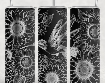 Hummingbird Laser SVG 20oz Tumbler Wrap, Seamless Design SVG Download, Sunflower Mandala Engraved Full Wrap 20 oz Tumbler for Laser Rotary