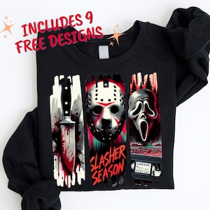 May include: Black sweatshirt featuring three horror-themed graphics: a bloody knife, a hockey mask, and a Scream mask. The text "SLASHER SEASON" is below the mask. The words "INCLUDES 9 FREE DESIGNS" are at the top.