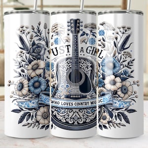 Just A Girl Who Loves Country Music Skinny Tumbler Wrap digital design Southern PNG Country Girl PNG Country Music Blue Floral Sublimation