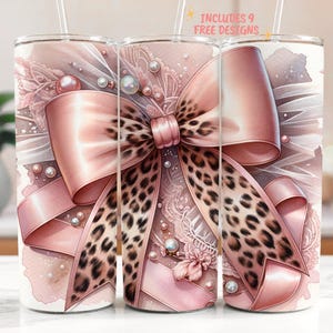 Coquette 20 oz beker wrap, coquette strikken sublimatie png-wrap, roze magere beker ontwerp, roze strik beker met luipaardprint sjabloon downloaden