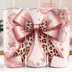 Coquette strikken sublimatie png-wrap, luipaardprint roze strik beker sjabloon download, coquette 20oz beker wrap, roze mager beker ontwerp