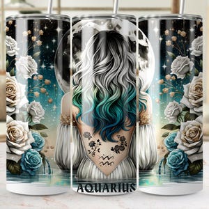 Aquarius Zodiac 20oz Tumbler Wrap Skinny Tumbler Celestial Design Astrology 20 oz PNG Tumbler Sublimation Design Mystical Zodiac Floral Wrap