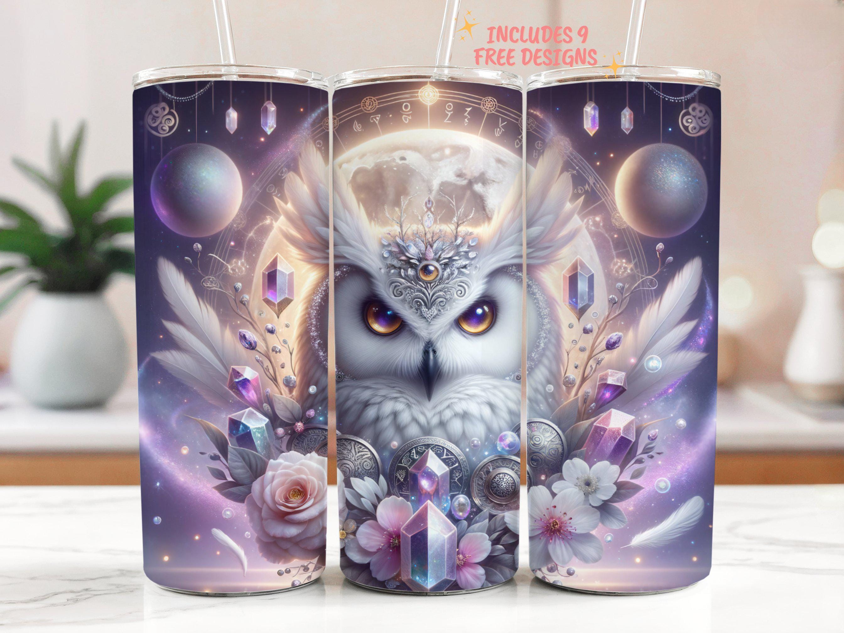 Fantasy White Owl 20oz Tumbler Wrap, Magical Creature Skinny Tumbler Sublimation Design, Sparkly Mys
