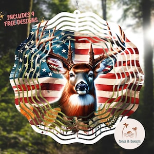 Amerikanische Flagge mit Buck Deer Head PNG Whitetail Buck Kopf Wind Spinner Clip Art Deer Amerikanische Flagge Sublimation USA Patriotische Jagd PNG