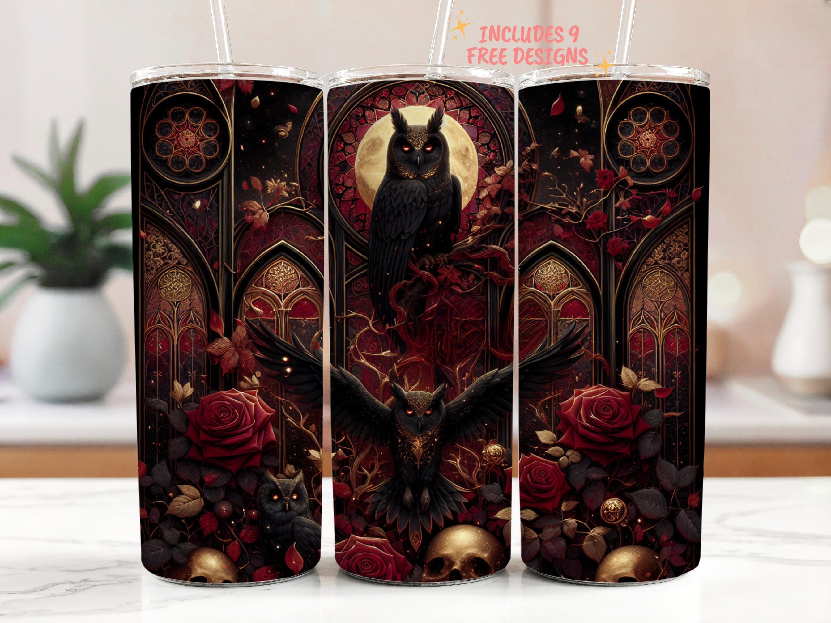 Gothic Owl Skinny Tumbler Wrap, Haunted Cathedral Owls 20oz Halloween Sublimation Design, Baroque Go