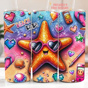May include: A tumbler with a vibrant beach design. It features a smiling starfish wearing heart-shaped sunglasses, pixelated hearts, and the words "Beach Babe". The tumbler has a straw and the text "Includes 9 Free Designs".