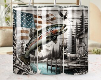 American Flag Trout Fishing Deer Camo Seamless Tumbler Wrap 20oz Skinny ...