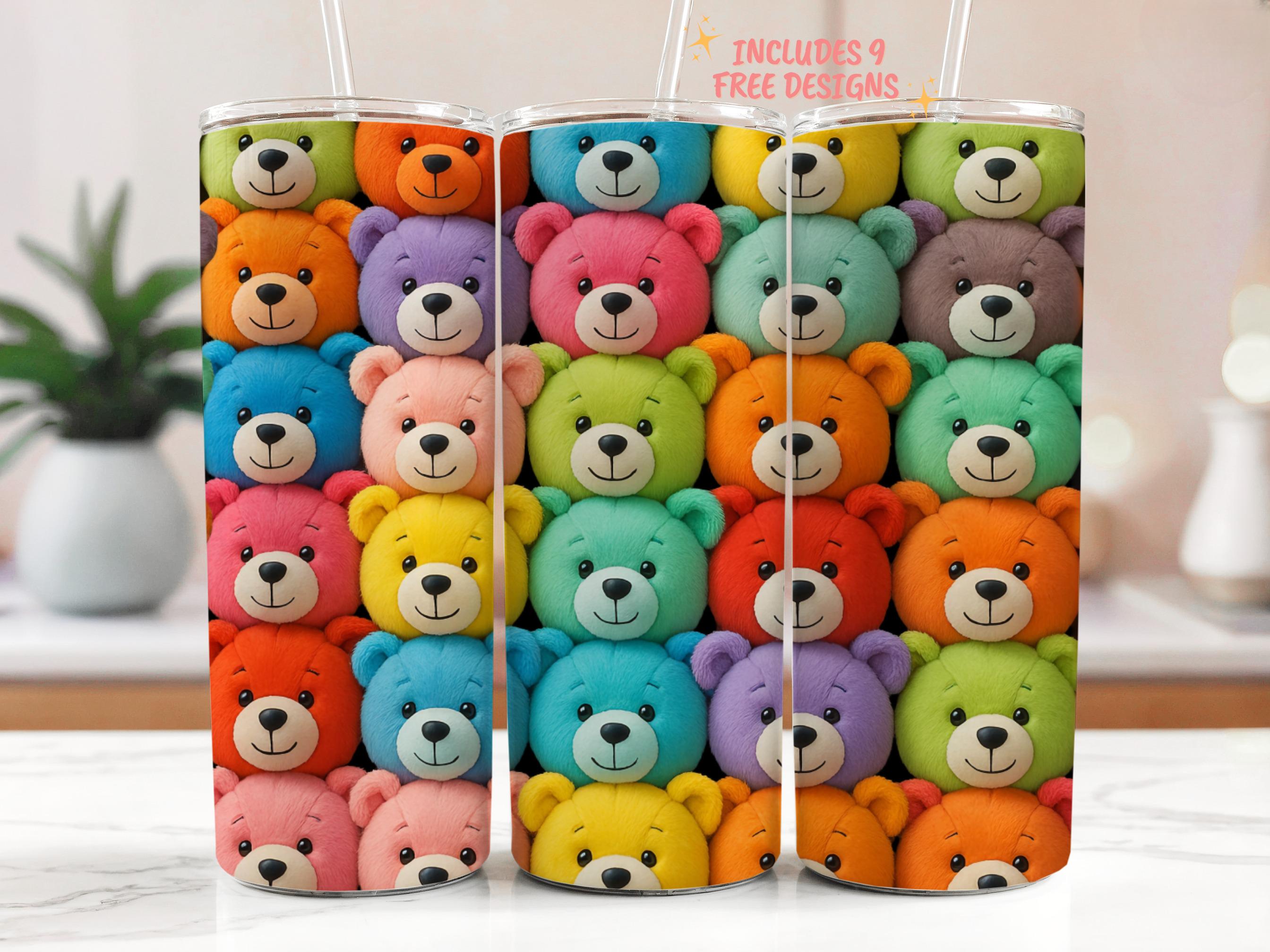 Rainbow Teddy Bear 20oz Tumbler Wrap, Cute Sublimation Design Colorful PNG Design, Seamless 20oz Skinny Tumbler Sublimation Digital Download