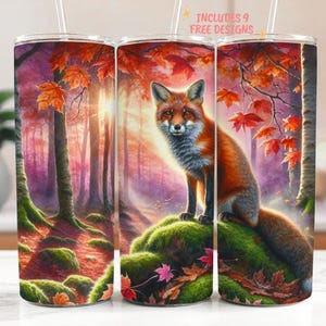 Fox In Autumn Forest 20oz Tumbler PNG, Woodland Fall Animal 20 oz Skinny Tumbler Wrap, Coquette Watercolor Sublimation Design, Animal PNG