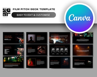 May include: A film pitch deck template with a black background and orange text. The template includes images of a city street at night, a person in a car, and a person walking down a street. The text on the slides includes "Title of Project", "Table of Contents", "Synopsis", "Why Now", "Style & Cinematography", and "The World".