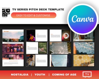 May include: A TV series pitch deck template with the words "NOSTALGIA", "YOUTH", and "COMING OF AGE" in red text on a black background. The template is designed to be used with Canva.