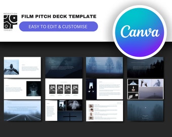 May include: A film pitch deck template with a dark, moody aesthetic. The design includes various slide layouts with images and text, and the Canva logo. Text on the template reads "Film Pitch Deck Template" and "Easy to Edit & Customize."