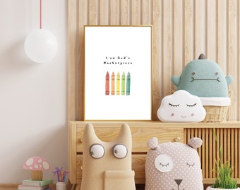 May include: A framed print with a gold frame and white background. The print features a rainbow of crayons with the text "I am God's Masterpiece".