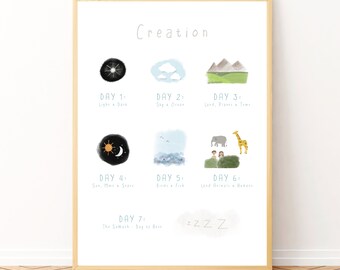 7 Days of Creation Christian Wall Art Kids, Bible Verse print for Children, Christian Nursery Decor, Christian Education Poster