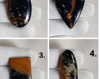 Könnte beinhalten: Vier polierte Edelsteine mit einzigartigen Mustern und Farben. Die Steine haben verschiedene Formen: oval, tropfenförmig, rechteckig und länglich oval. Die Farbpalette umfasst Schwarz, Braun und Beige mit komplizierten Adern und Mustern.