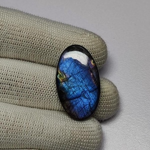 Puede incluir: Gema de labradorita de forma ovalada con superficie pulida. La piedra muestra un vibrante juego de colores, con azules iridiscentes y toques de verde y amarillo. La gema se encuentra sobre un fondo neutro.