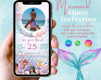 Mermaid Birthday Invitation Editable Template Digital instant Download Mermaid Party Invite Animated Kid Birthday Part