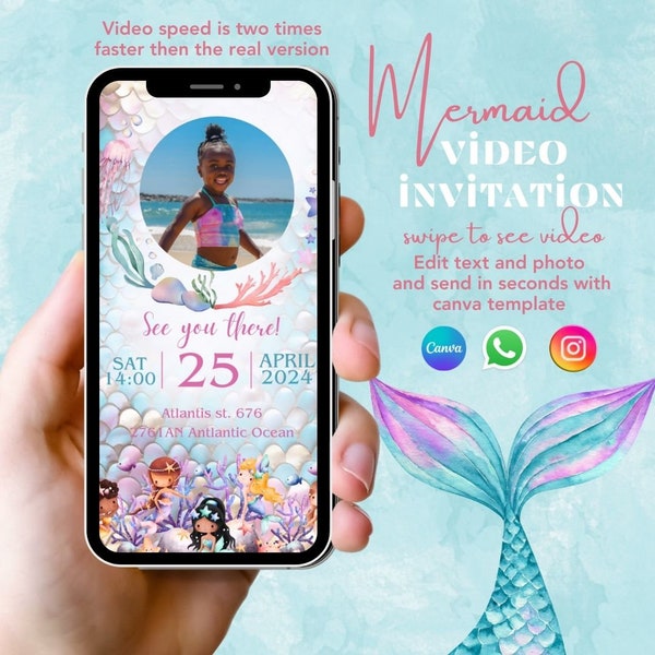 Mermaid Birthday Invitation Editable Template Digital instant Download Mermaid Party Invite Animated Kid Birthday Part