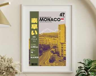 May include: A vintage-style poster featuring a map of the Monaco Grand Prix race track. The poster is yellow and green with the text "The Principality of Monaco - Monaco Grand Prix" and "素早い" in Japanese. The poster also includes the track length, number of laps, and the date of the race.
