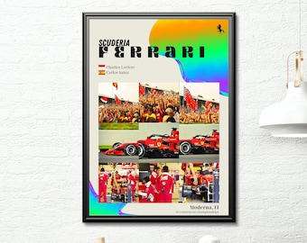 Puede incluir: Un póster colorido con el equipo de Fórmula 1 Scuderia Ferrari. El póster tiene un esquema de color rojo, naranja, amarillo, verde y azul. El póster presenta el logotipo de Ferrari, los pilotos del equipo Charles Leclerc y Carlos Sainz, y el coche del equipo. El póster también incluye el texto "Moderna, IT" y "Campeonato de constructores de F1".