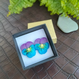 Blue Pansy Earrings - Flower Polymer Clay Jewelry