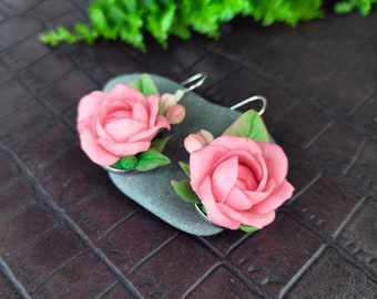 Pink rose earrings,  flower earrings, floral earrings,  botanic earrings, lux jewelry, naturale flower arrings, floral style jewelry