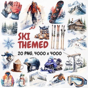 Watercolor Ski Themed Clipart, Winter Sports Clipart, Skiing Illustrations, Transparent PNG Graphics, Commercial Use