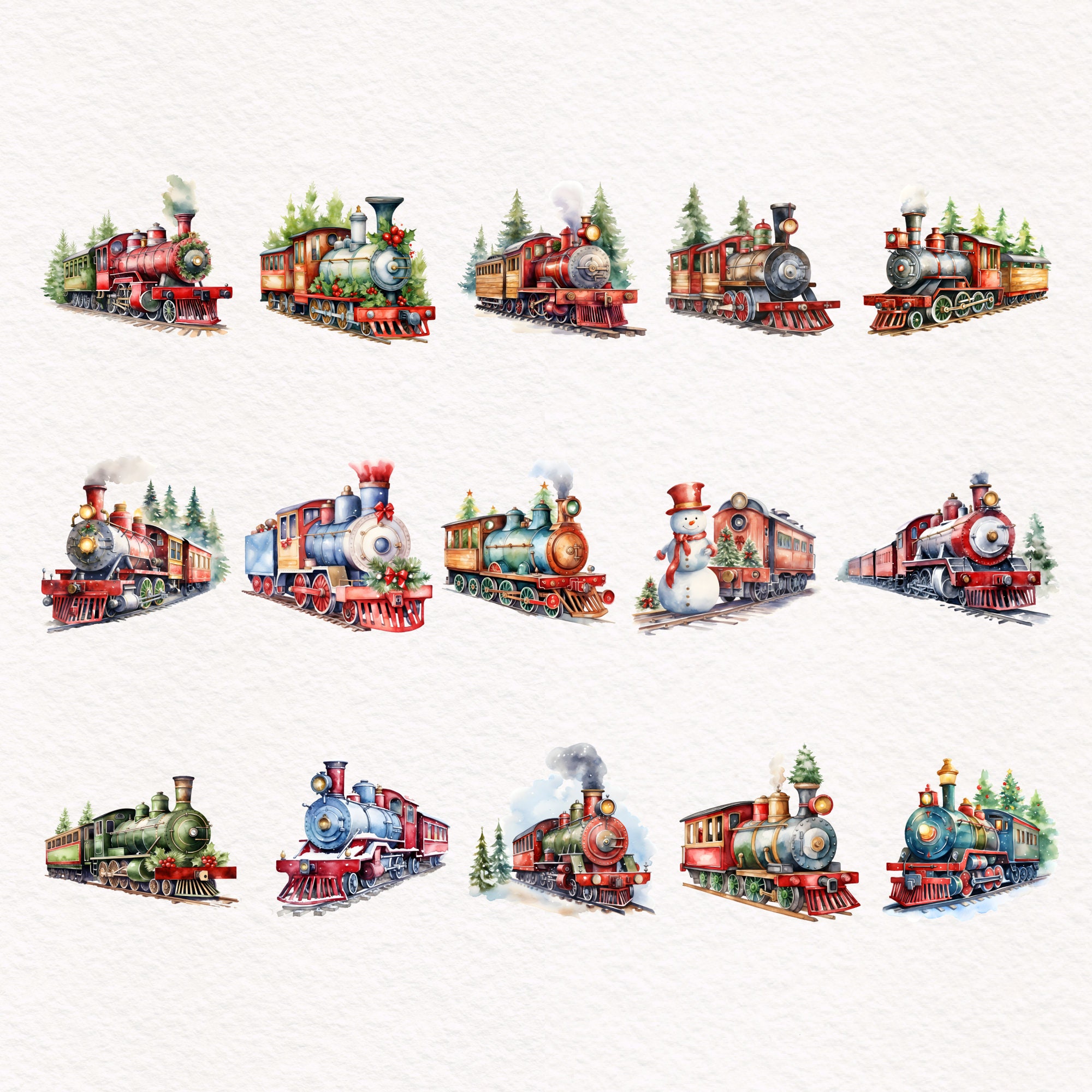 Watercolor Christmas Trains Clipart, Christmas Clipart Bundle, Red