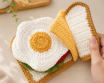 Set di sottobicchieri all'uncinetto, sottobicchiere a forma di tazza con simpatici cibi, decorazioni kawaii per la cucina, regalo divertente per l'inaugurazione della casa, toast giocattolo fatto a mano, tappetino per bevande per buongustai